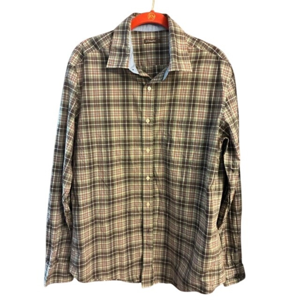 J. McLaughlin Button Down Shirt Women L Brown Plaid Excellent Cotton Long Sleeve